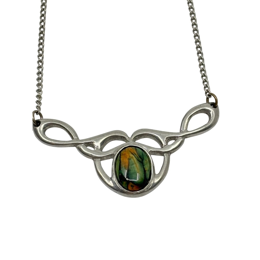 St Justin Celtic Pewter‎ Necklace Green Art Glass Knotwork Pendant